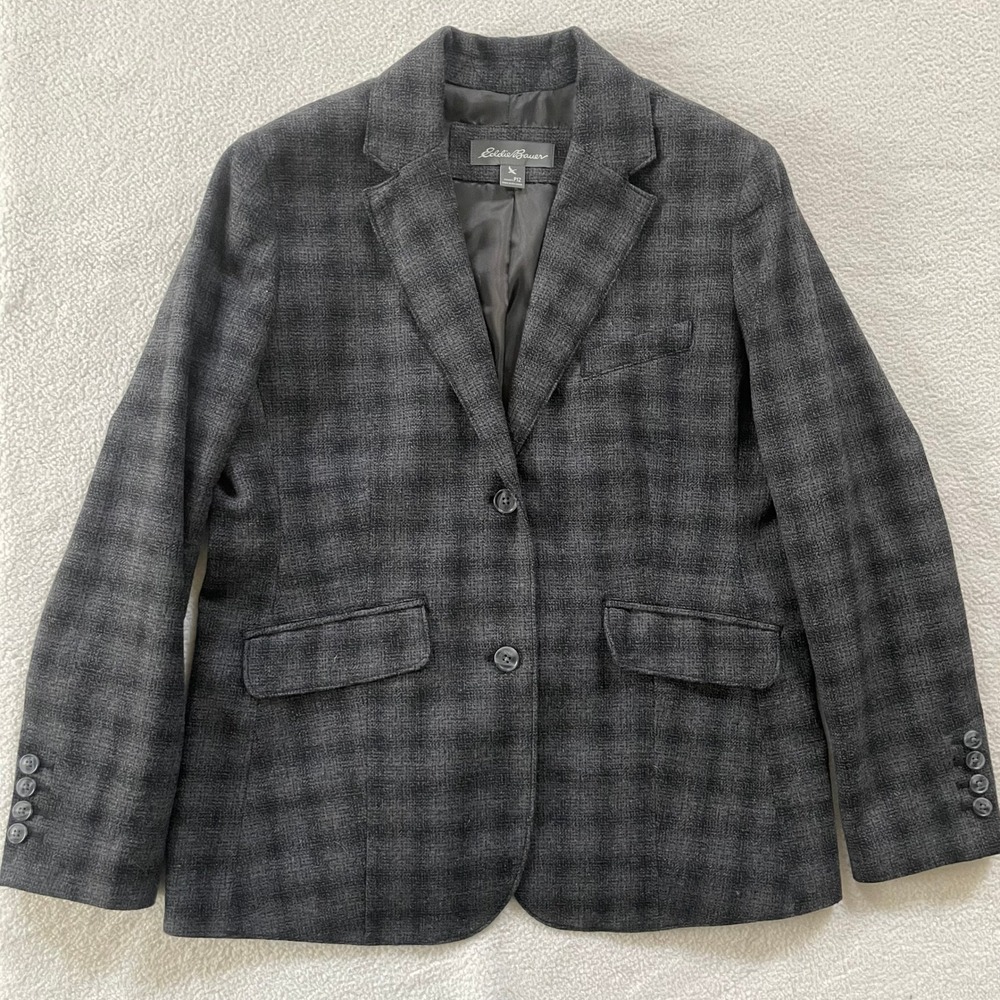 Eddie Bauer Blazer Jacket Women Size P12 Grey Plaid Wool Blend 2-Button 23804411